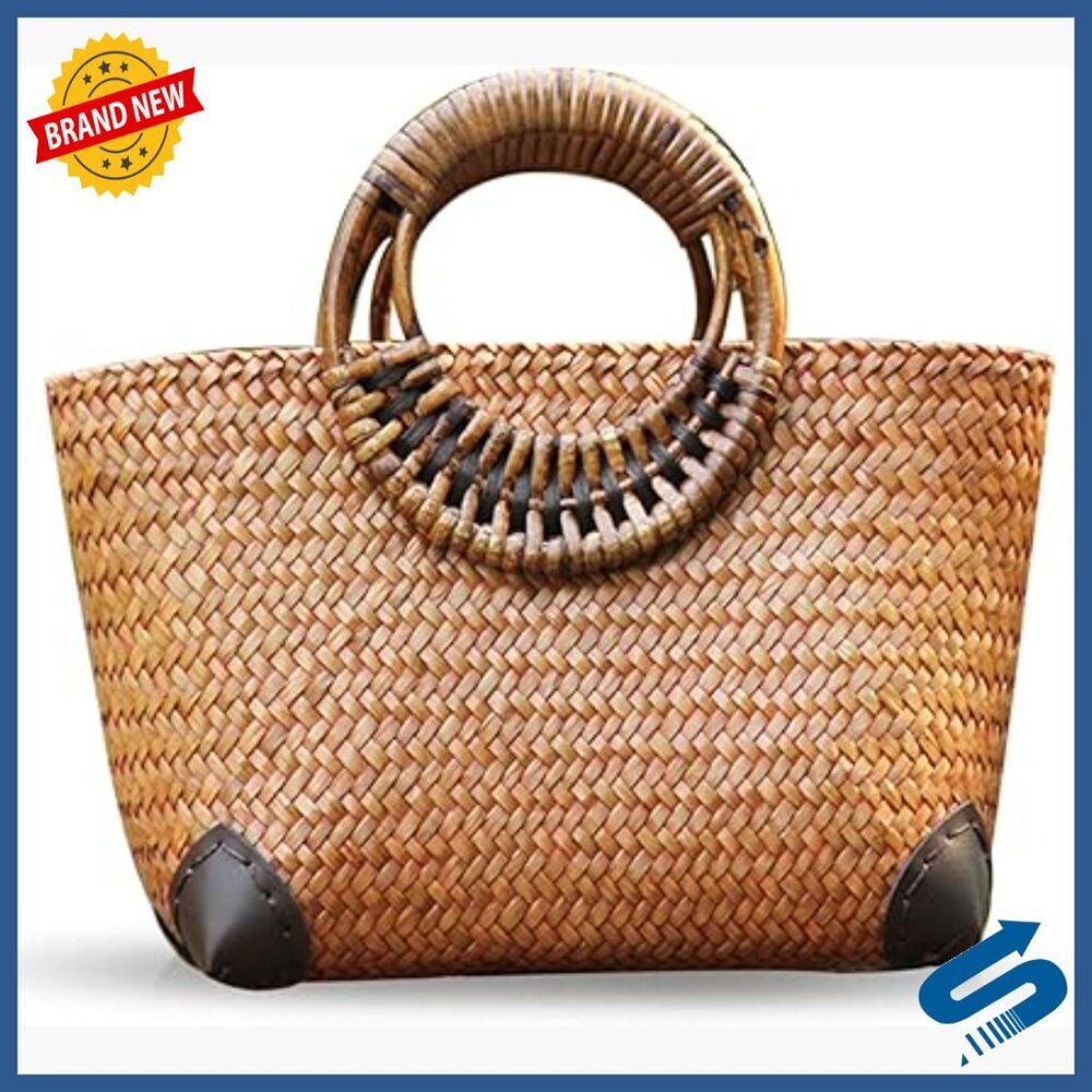 Large Straw Tote Bag with Rattan Handles, Bohemian Beach Handbag